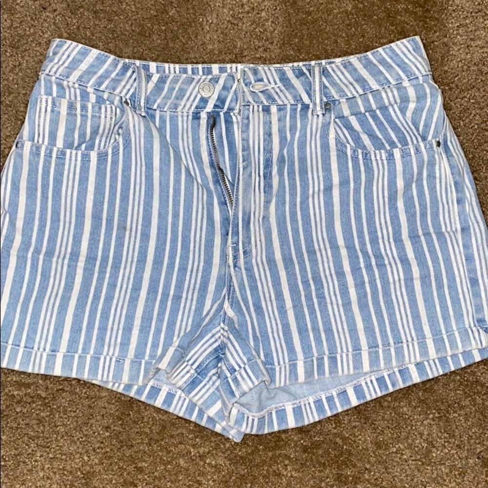 striped denim mom shorts